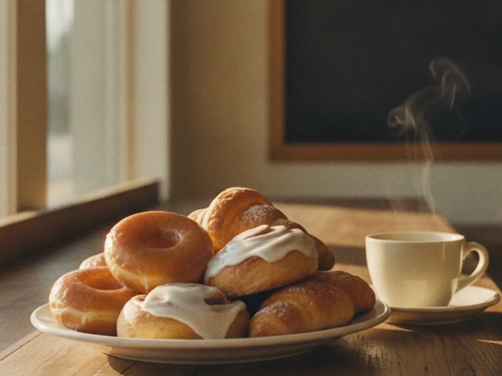 Glazed donuts, croissants and a cup of coffee on a bakery counter by the window