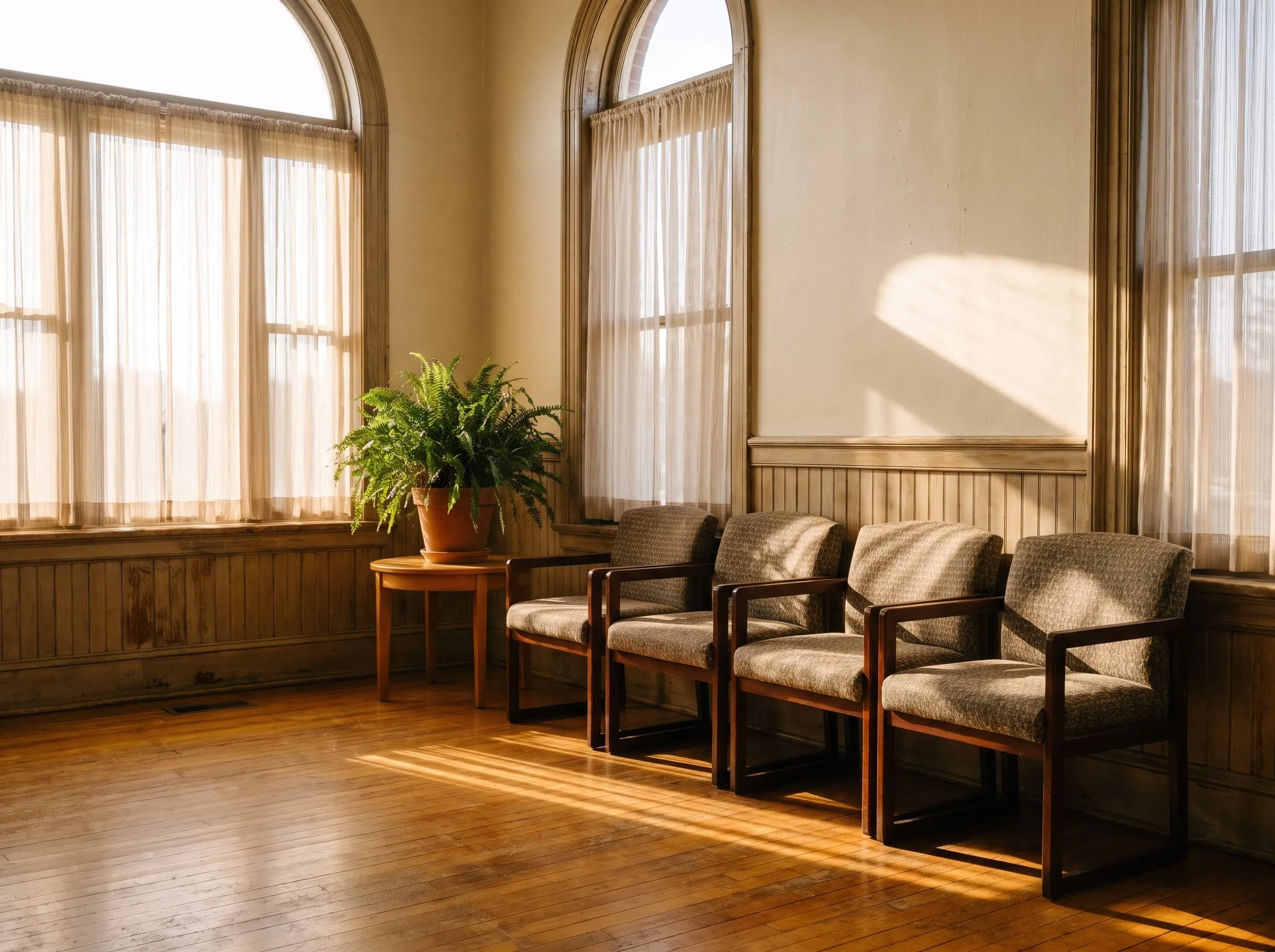 The empty, sunlit waiting area of a small-town health clinic with chairs and a potted fern
