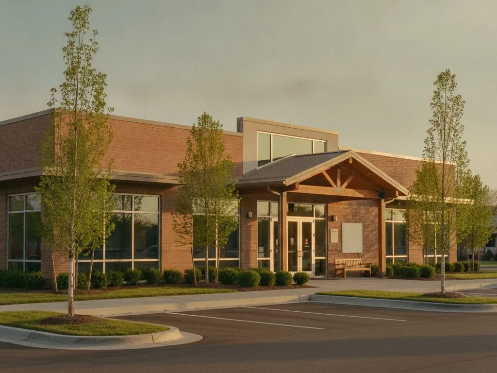 A single-story brick community health clinic with a covered entrance and young trees