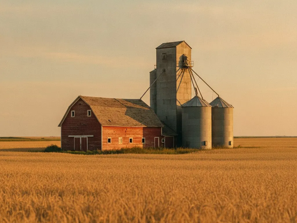 A red barn and a grain elevator beside a field of ripe wheat at sunset