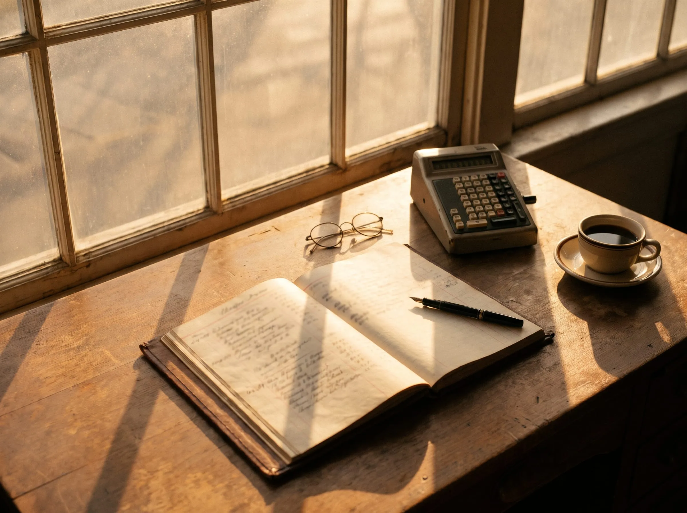 An open ledger, a fountain pen, reading glasses, a desk calculator and a coffee cup on a sunlit desk