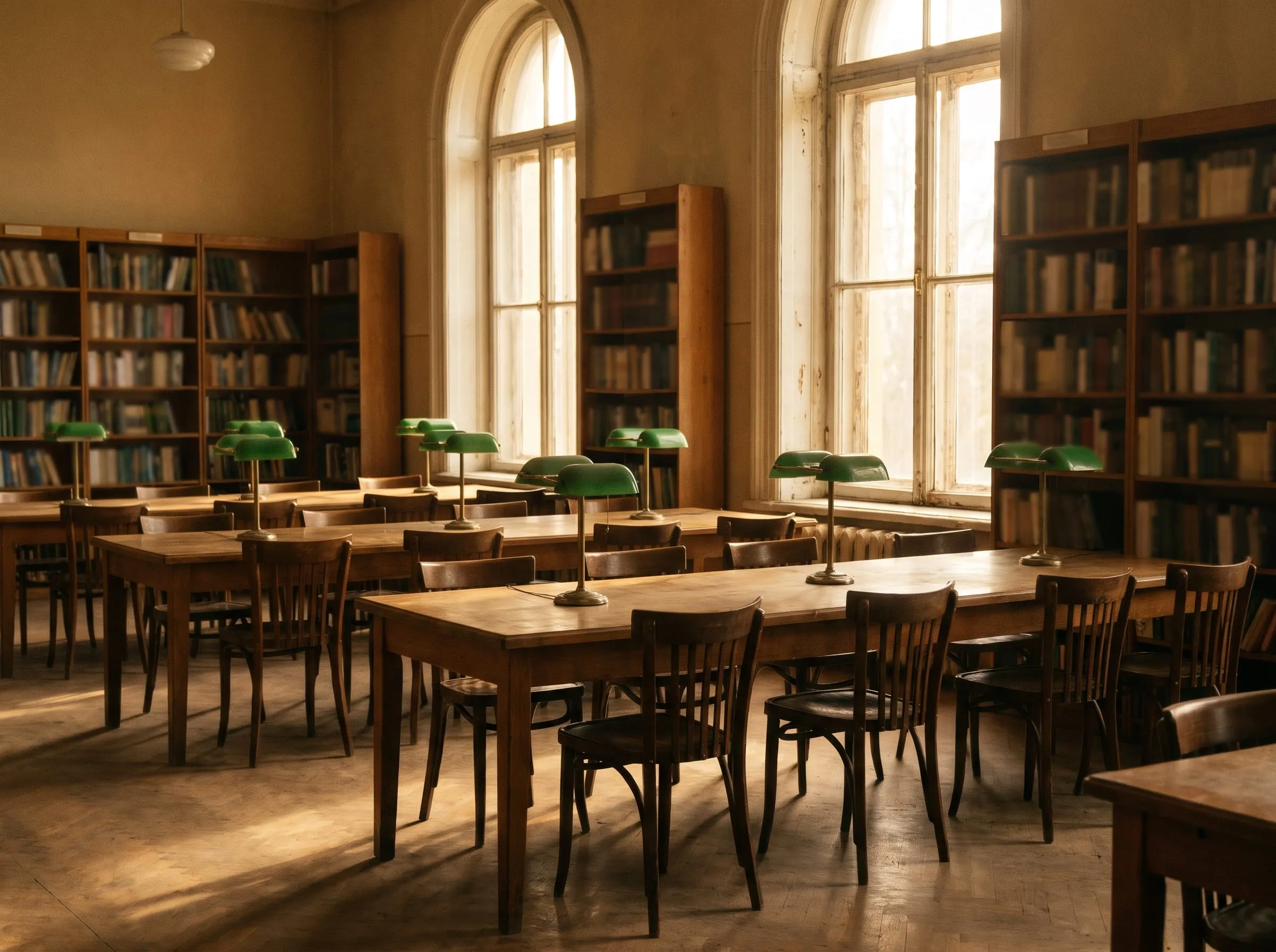An empty small-town library reading room with long tables and green reading lamps in afternoon sun
