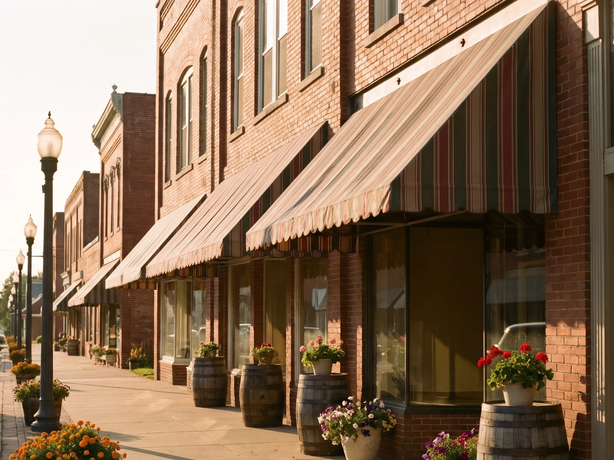 A Main Street sidewalk of red-brick shops with striped awnings, street lamps and flower barrels at golden hour