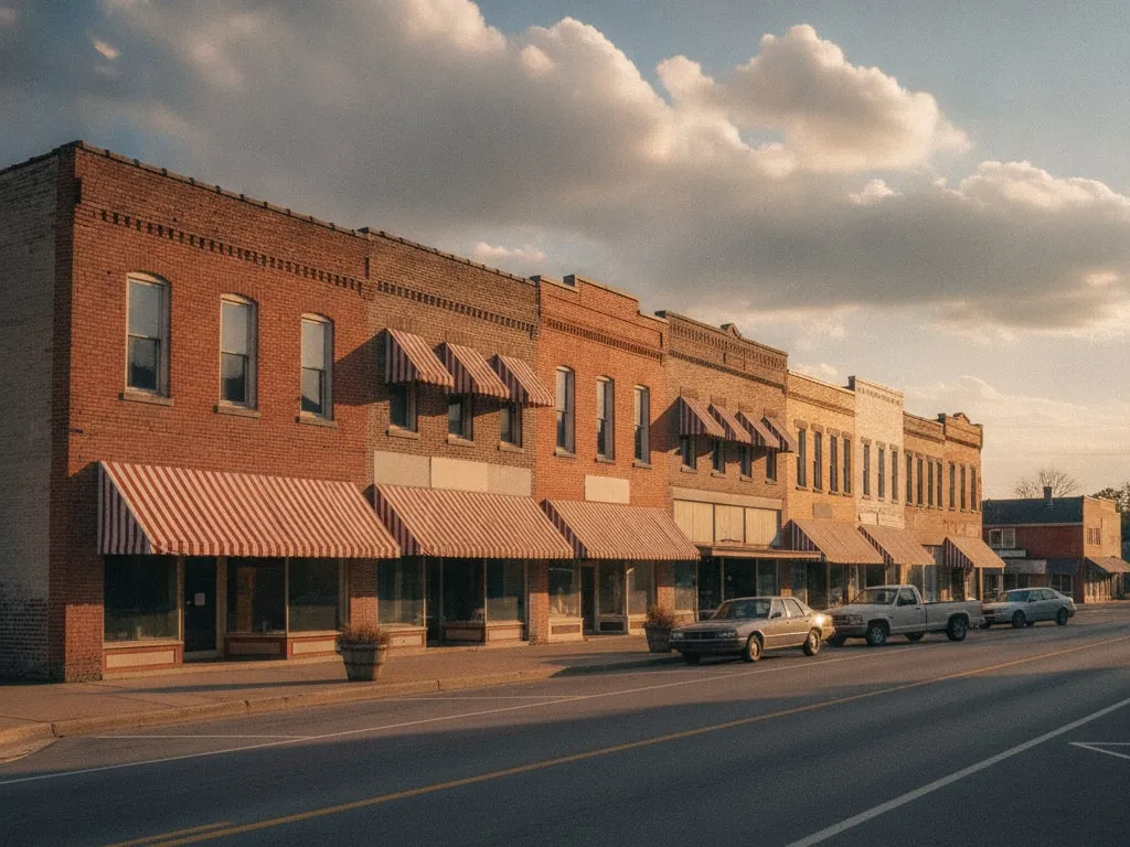 A small-town Main Street of red-brick shops with striped awnings at golden hour