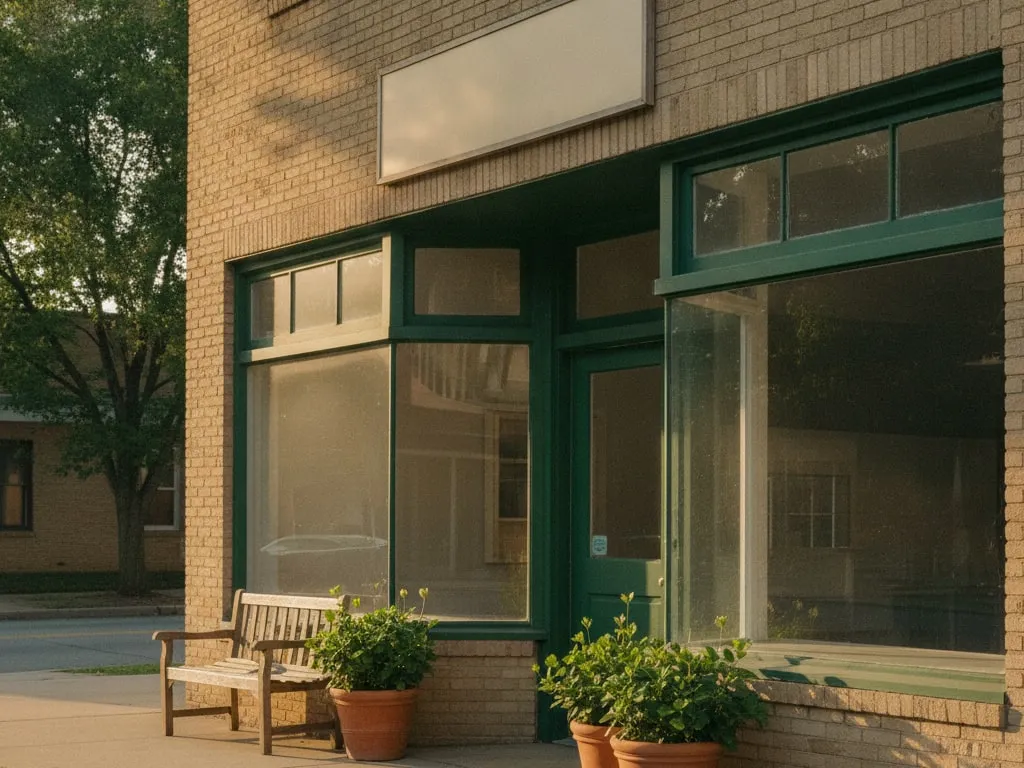 A tan brick storefront with green window trim, potted plants and a bench on the sidewalk