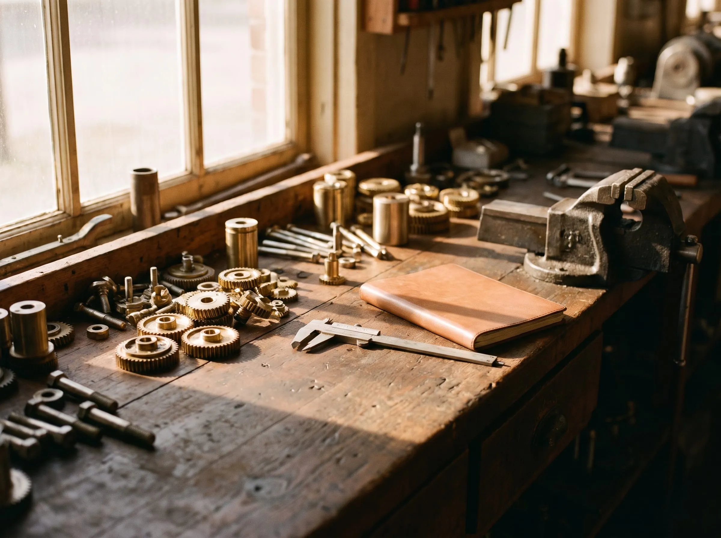 A machine-shop workbench with brass gears, calipers, a leather notebook and a vise in raking sunlight